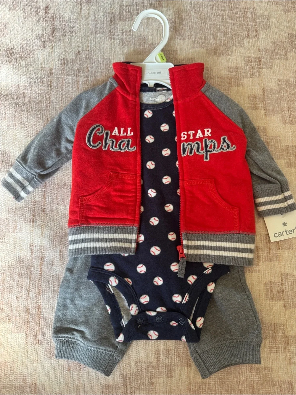 Carter's Red, Gray & Navy 3-Piece Baby Baseball Sports Set size 3M NWT